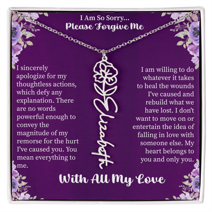 I'm So Sorry Please Forgive Me Flower Name Necklace – Apology Gift – Personalized Floral Name Jewelry with Message Card