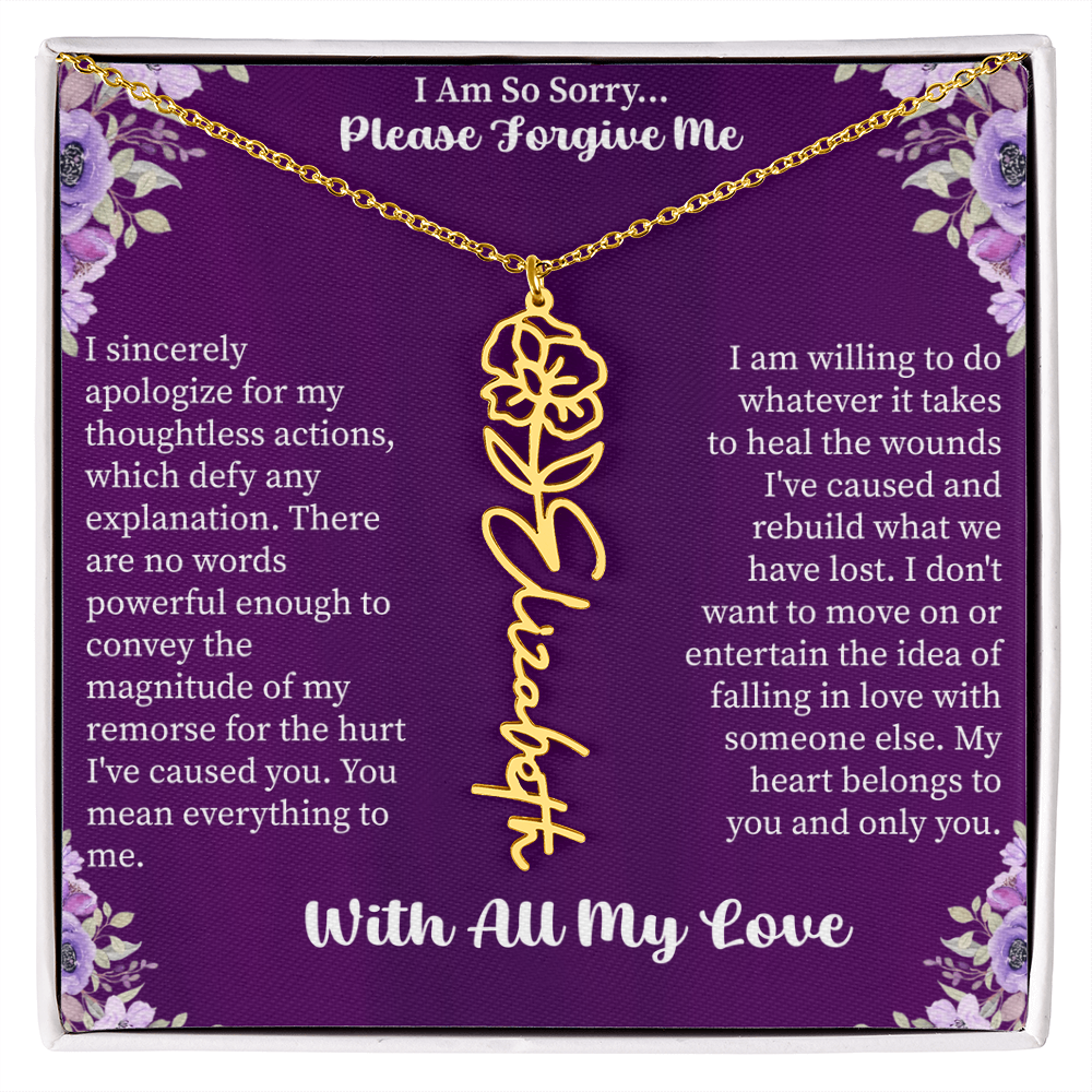 I'm So Sorry Please Forgive Me Flower Name Necklace – Apology Gift – Personalized Floral Name Jewelry with Message Card