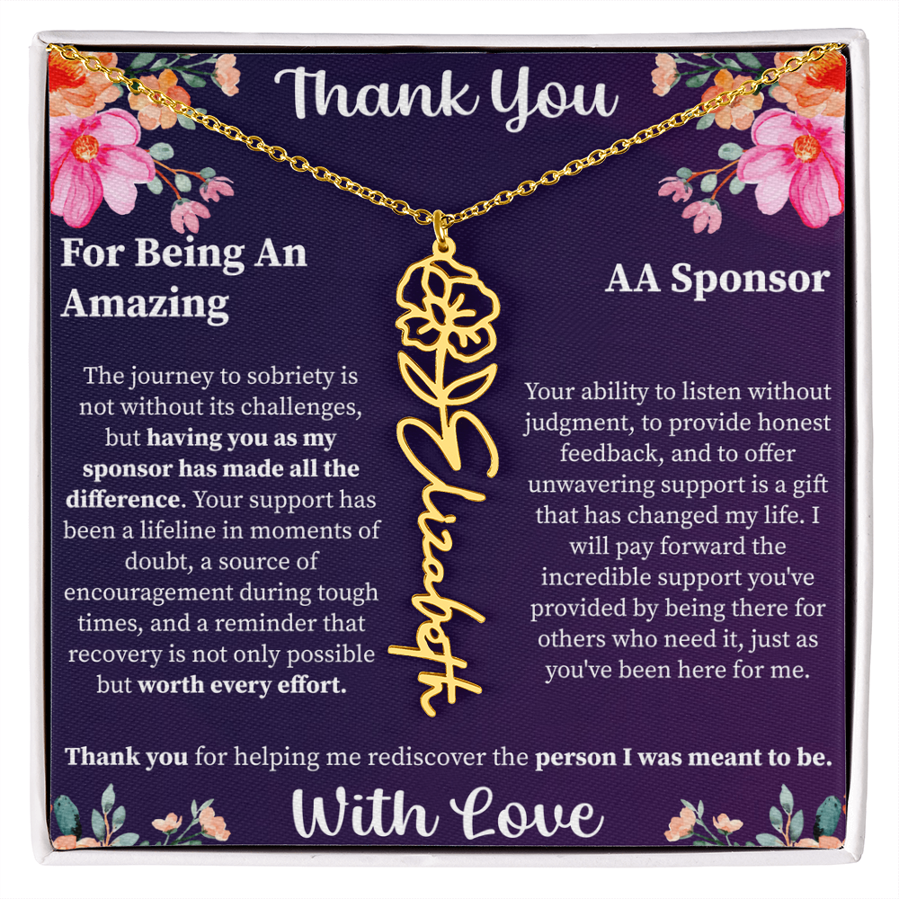 Thank You Flower Name Necklace – Personalized Appreciation Gift – Custom Floral Name Jewelry with Message Card