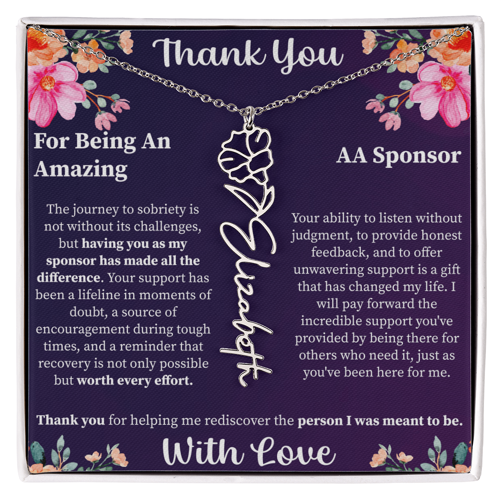 Thank You Flower Name Necklace – Personalized Appreciation Gift – Custom Floral Name Jewelry with Message Card