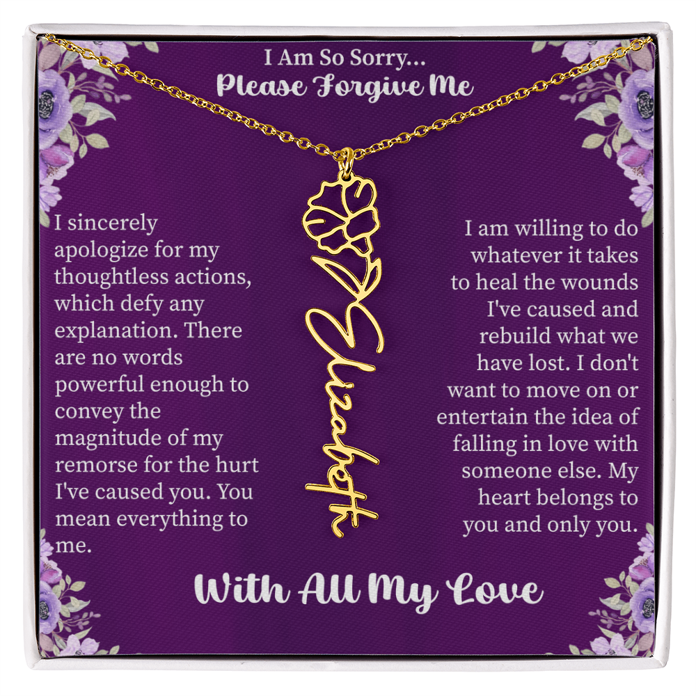 I'm So Sorry Please Forgive Me Flower Name Necklace – Apology Gift – Personalized Floral Name Jewelry with Message Card