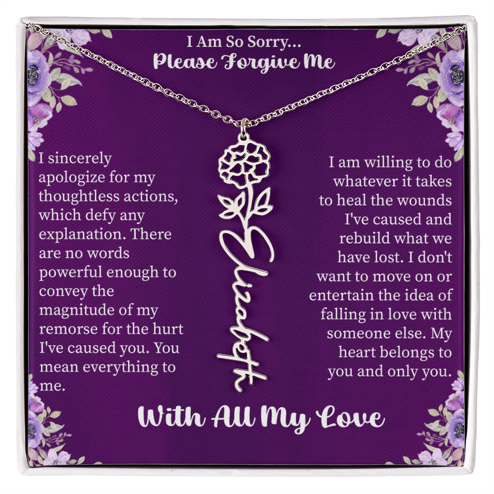 I'm So Sorry Please Forgive Me Flower Name Necklace – Apology Gift – Personalized Floral Name Jewelry with Message Card