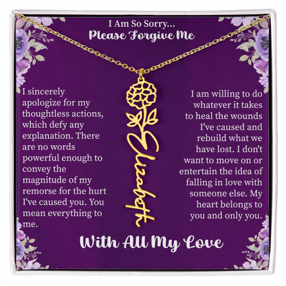 I'm So Sorry Please Forgive Me Flower Name Necklace – Apology Gift – Personalized Floral Name Jewelry with Message Card