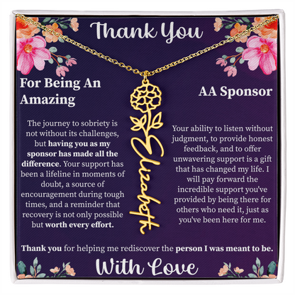 Thank You Flower Name Necklace – Personalized Appreciation Gift – Custom Floral Name Jewelry with Message Card