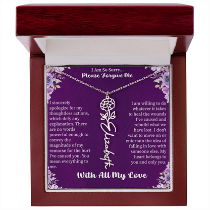 I'm So Sorry Please Forgive Me Flower Name Necklace – Apology Gift – Personalized Floral Name Jewelry with Message Card
