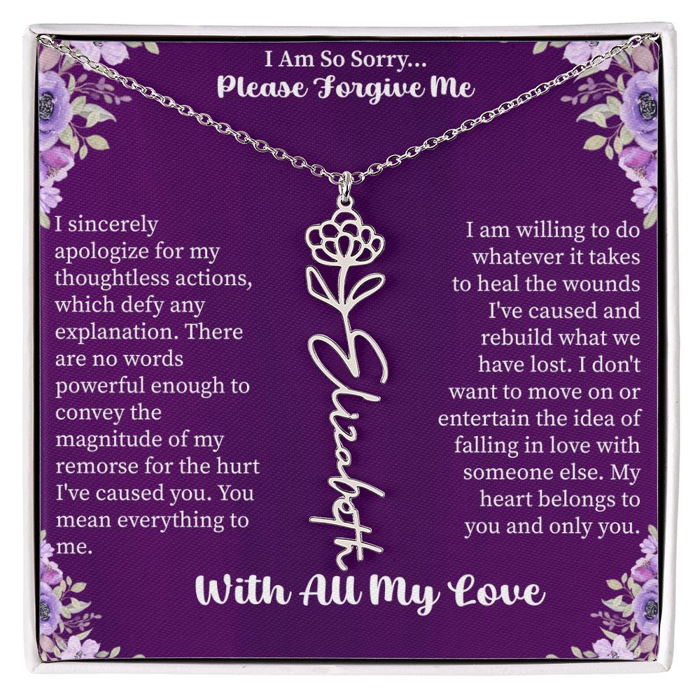 I'm So Sorry Please Forgive Me Flower Name Necklace – Apology Gift – Personalized Floral Name Jewelry with Message Card