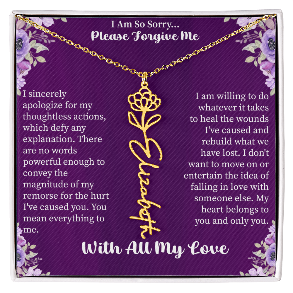 I'm So Sorry Please Forgive Me Flower Name Necklace – Apology Gift – Personalized Floral Name Jewelry with Message Card