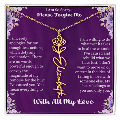 I'm So Sorry Please Forgive Me Flower Name Necklace – Apology Gift – Personalized Floral Name Jewelry with Message Card