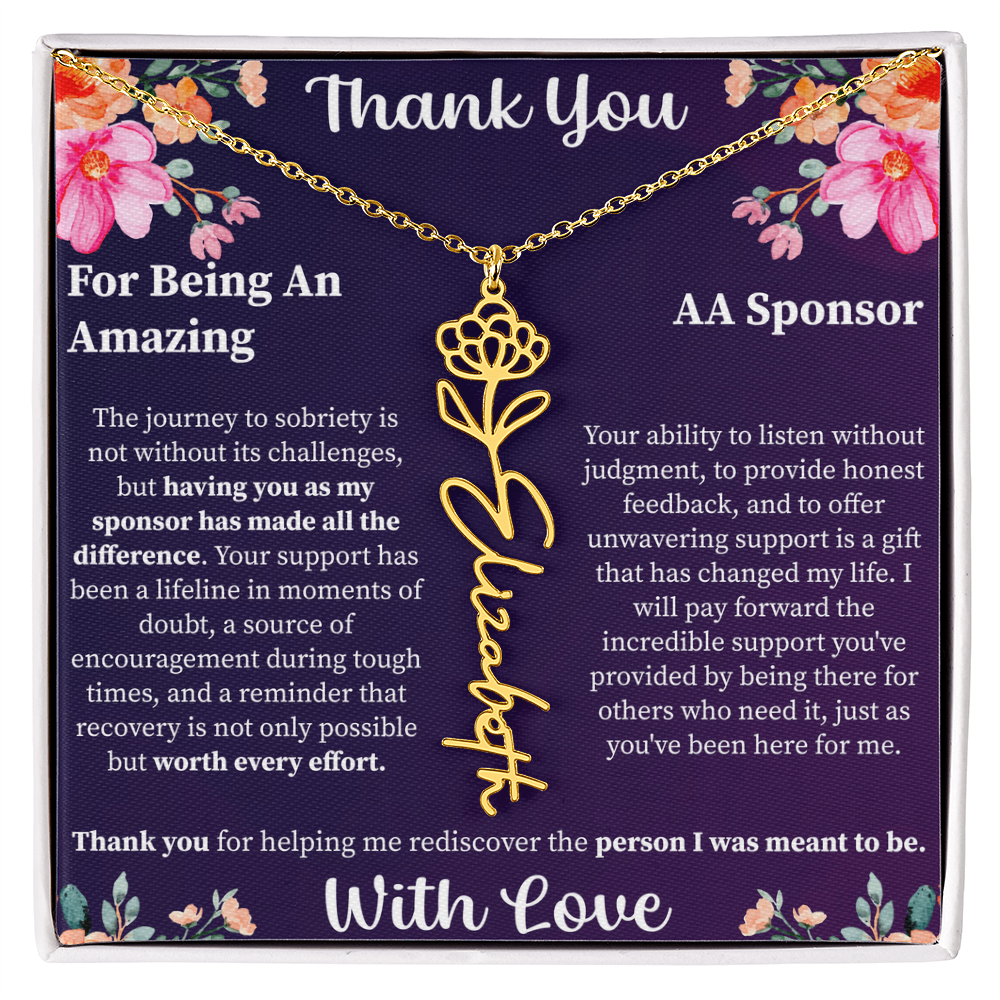 Thank You Flower Name Necklace – Personalized Appreciation Gift – Custom Floral Name Jewelry with Message Card