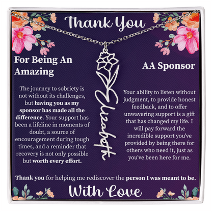 Thank You Flower Name Necklace – Personalized Appreciation Gift – Custom Floral Name Jewelry with Message Card