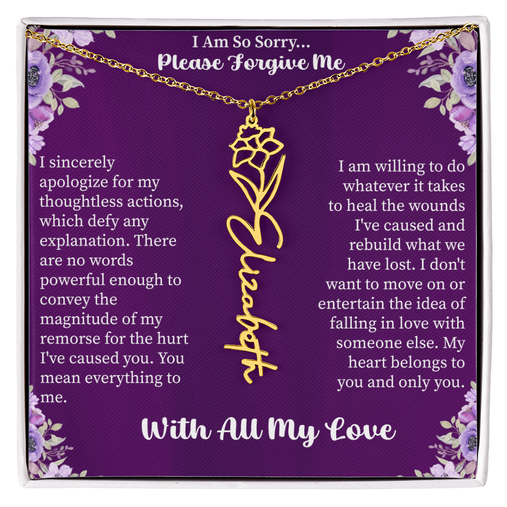 I'm So Sorry Please Forgive Me Flower Name Necklace – Apology Gift – Personalized Floral Name Jewelry with Message Card