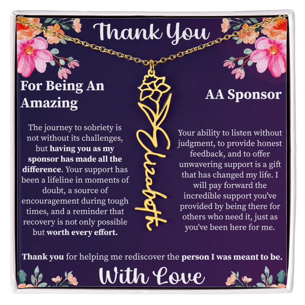 Thank You Flower Name Necklace – Personalized Appreciation Gift – Custom Floral Name Jewelry with Message Card