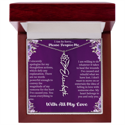 I'm So Sorry Please Forgive Me Flower Name Necklace – Apology Gift – Personalized Floral Name Jewelry with Message Card