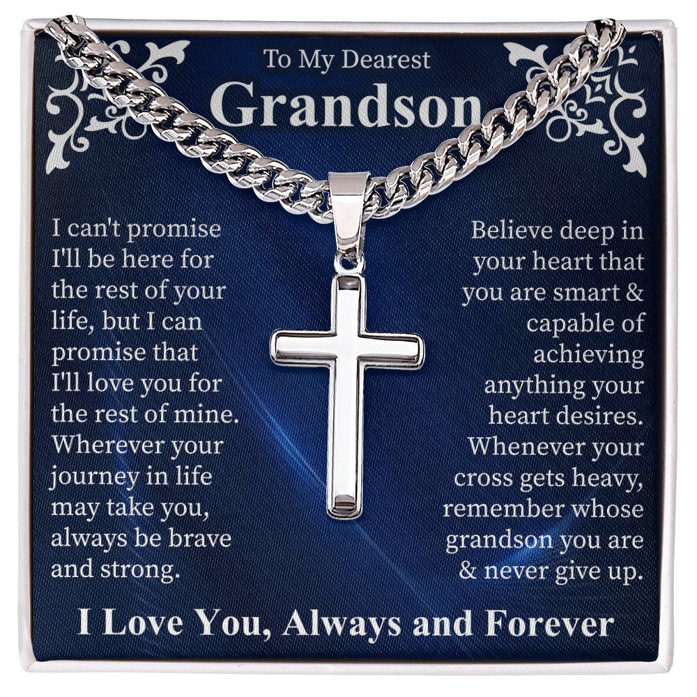 To My Dearest Grandson Artisan Cross Necklace, Cuban Link Chain for Men, Grandson Gift from Grandma, Mens Cross Jewelry, Birthday Gift for Him