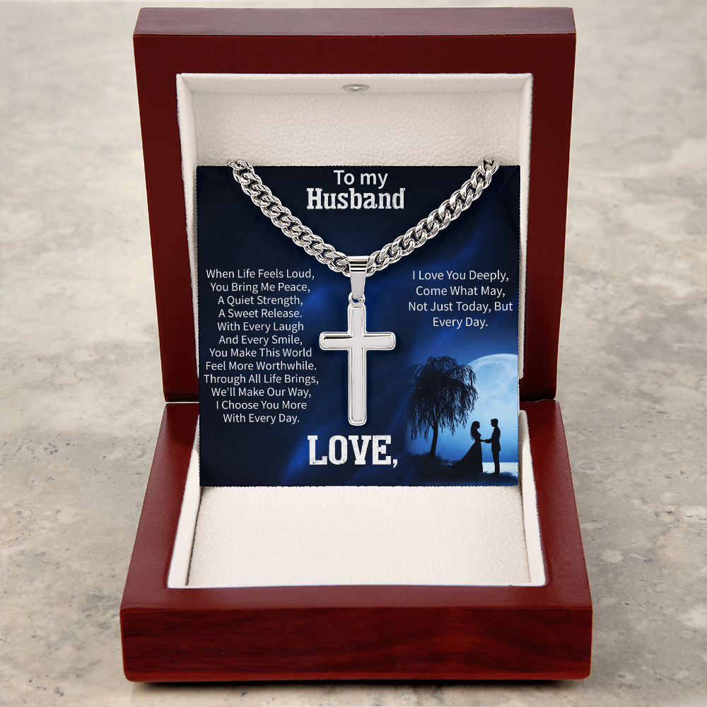 Artisan Cross Necklace for Husband – To My Husband Gift – Cuban Link Chain Jewelry for Anniversary or Birthday