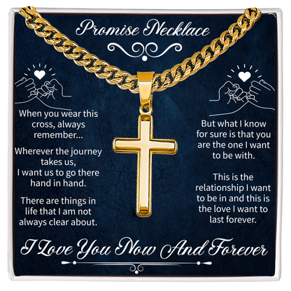 Artisan Cross Promise Necklace – Cuban Link Chain Jewelry – Inspirational Promise Gift for Him