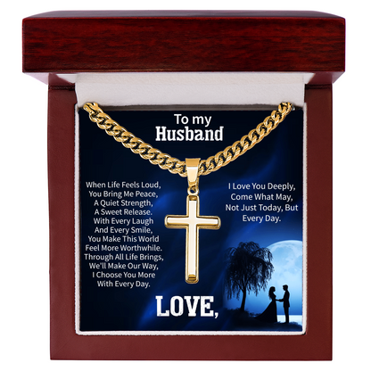 Artisan Cross Necklace for Husband – To My Husband Gift – Cuban Link Chain Jewelry for Anniversary or Birthday