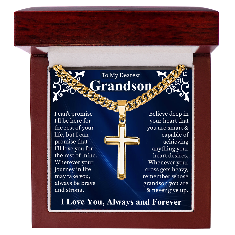 To My Dearest Grandson Artisan Cross Necklace, Cuban Link Chain for Men, Grandson Gift from Grandma, Mens Cross Jewelry, Birthday Gift for Him