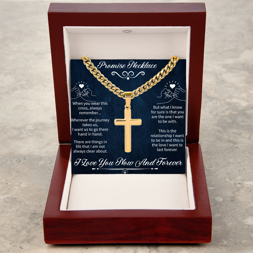 Artisan Cross Promise Necklace – Cuban Link Chain Jewelry – Inspirational Promise Gift for Him