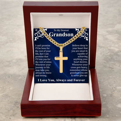 To My Dearest Grandson Artisan Cross Necklace, Cuban Link Chain for Men, Grandson Gift from Grandma, Mens Cross Jewelry, Birthday Gift for Him