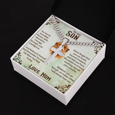 To My Son Personalized Cross Necklace – Cuban Link Chain – Meaningful Gift from Mom or Dad with Message Card