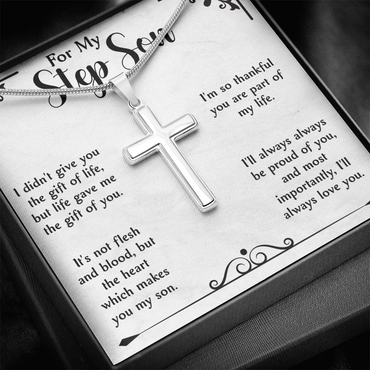 For My Step Son Artisan Cross Necklace – Meaningful Christian Gift for Stepson – Stainless Steel Cross with Snake Chain & Message Card