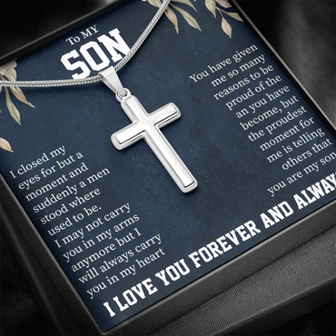 To My Son Artisan Cross Necklace – Snake Chain – Meaningful Gift from Mom or Dad with Message Card