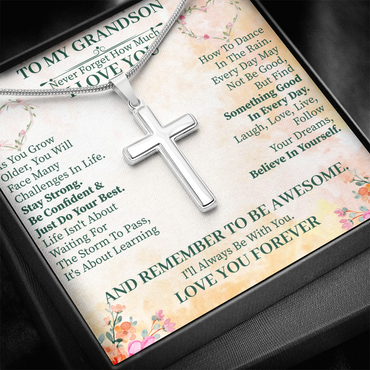 Grandson Cross Necklace with Message Card, To My Grandson Gift, Artisan Cross Pendant, Snake Chain Necklace for Him, Birthday Gift for Grandson