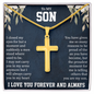 To My Son Artisan Cross Necklace – Snake Chain – Meaningful Gift from Mom or Dad with Message Card