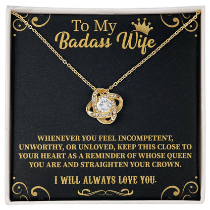 badass wife necklace displayed with a confident heartfelt message card