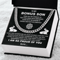 bonus son necklace displayed with a sentimental message card