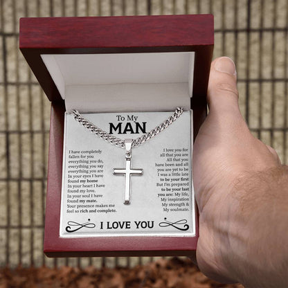 cuban link chain with cross pendant displayed as a masculine keepsake