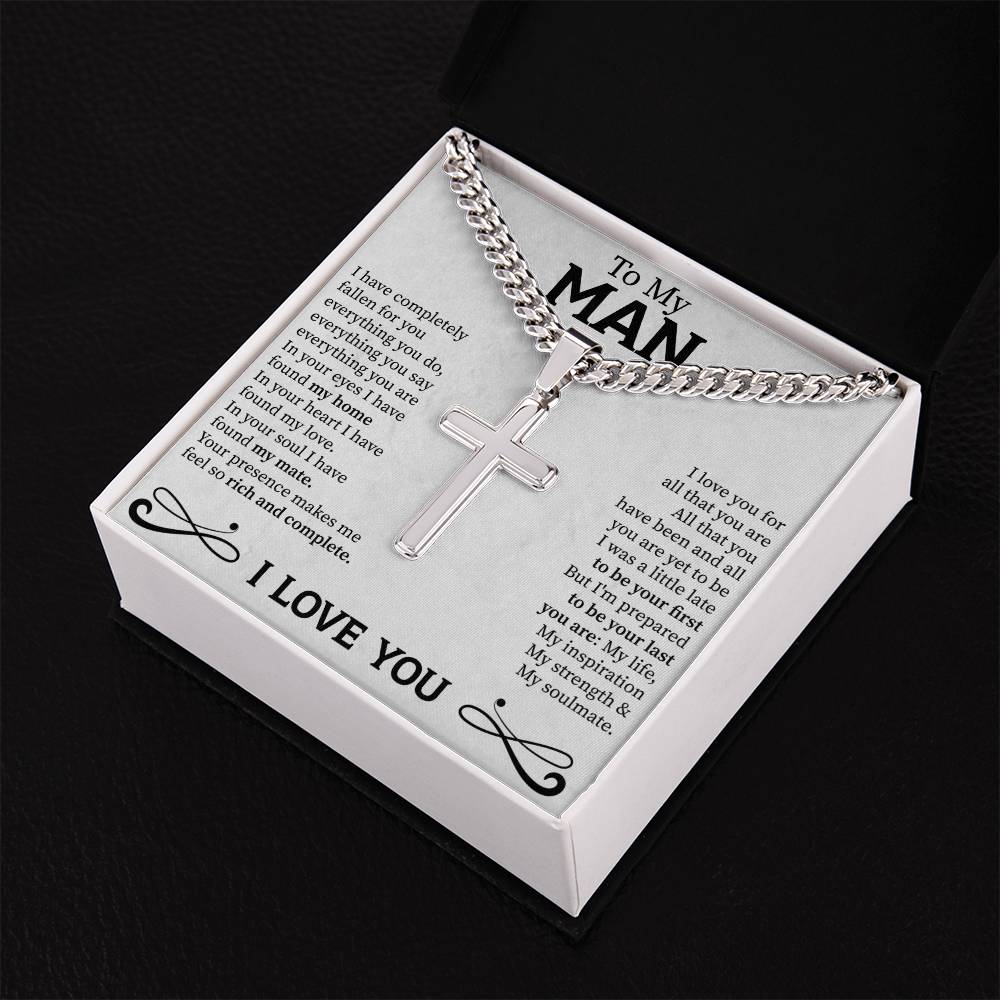 men’s cuban link chain with engraved cross presented in a premium gift box