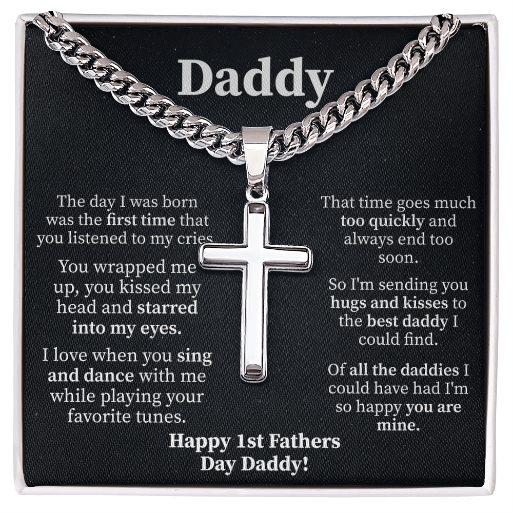 cuban link chain necklace with engraved artisan cross, gift for dad symbolizing faith and love