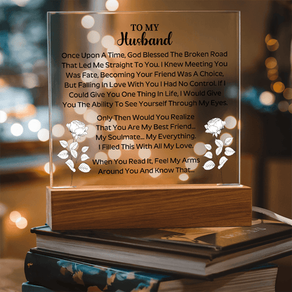 close up of engraved message on an acrylic plaque designed for husband