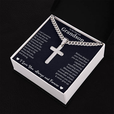 Giftsignature men’s cuban chain with artisan cross presented in a premium gift box for a grandson