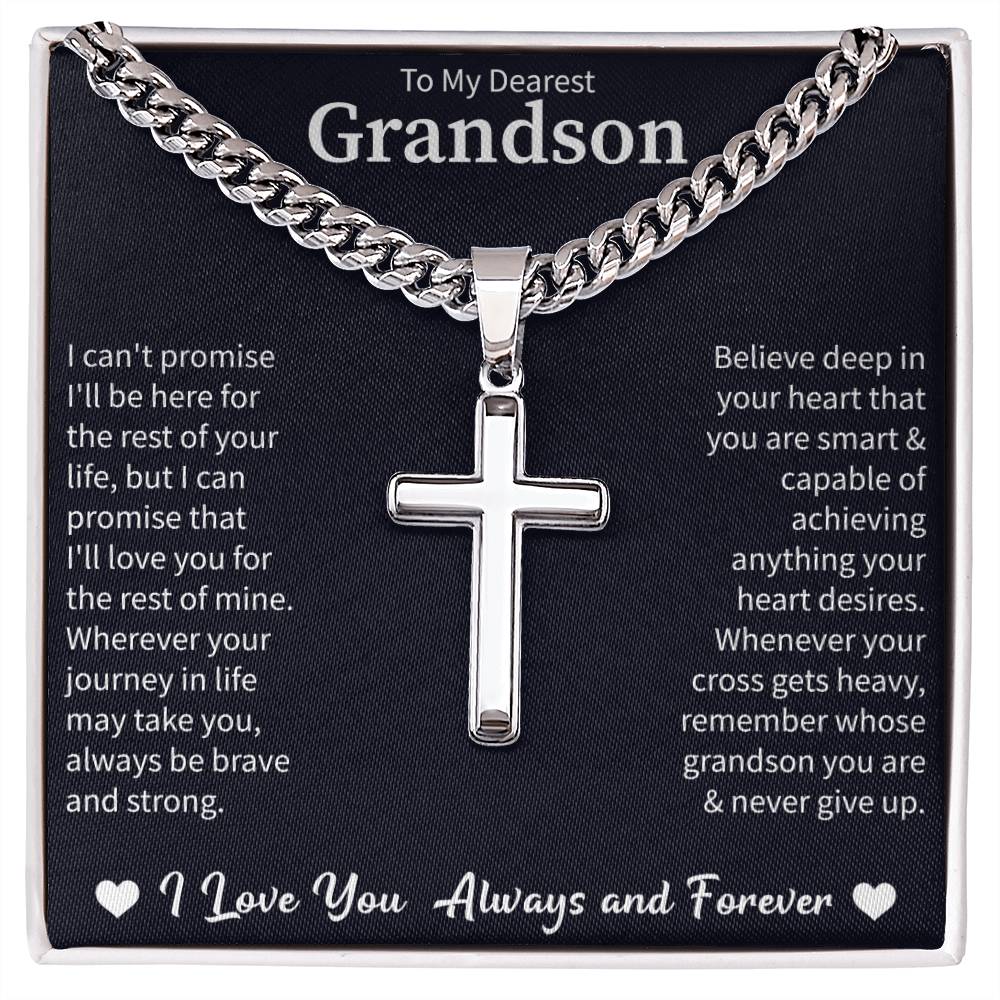 Giftsignature cuban link chain with engraved artisan cross gifted to a beloved grandson as a symbol of love and guidance