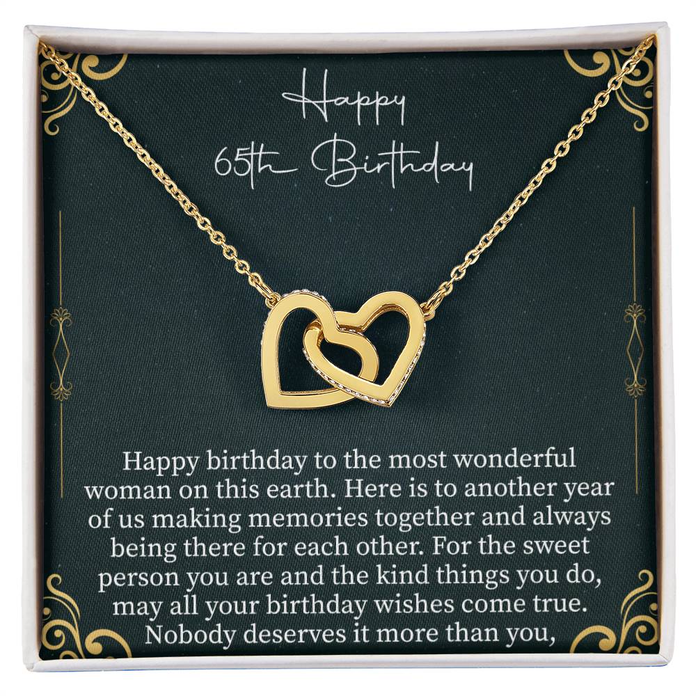 close up of interlocking hearts necklace designed for a 65th birthday gift