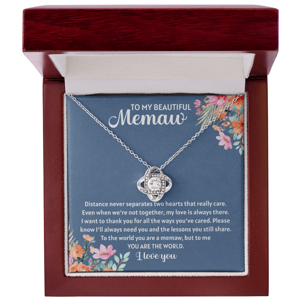 memaw necklace displayed with a heartfelt message card full of affection