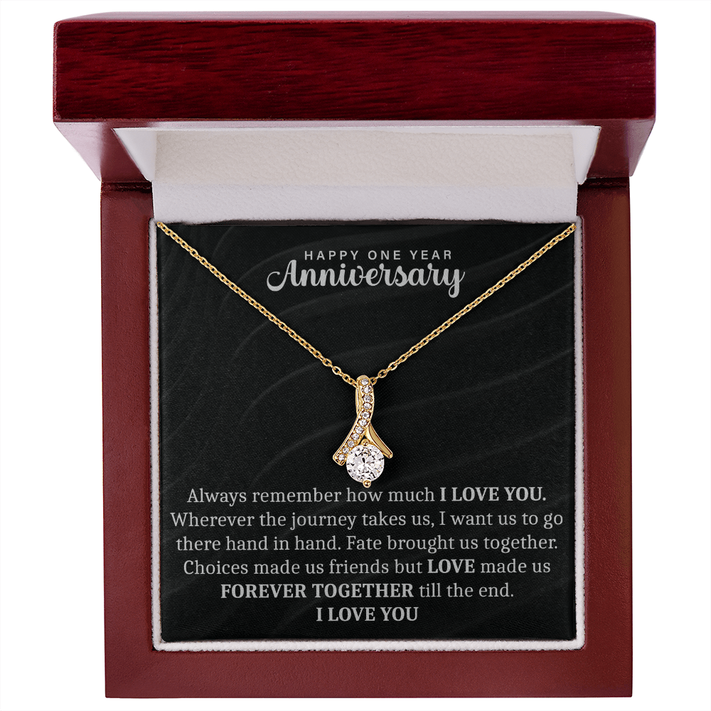 anniversary necklace paired with a heartfelt message for a special milestone