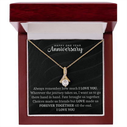 anniversary necklace paired with a heartfelt message for a special milestone
