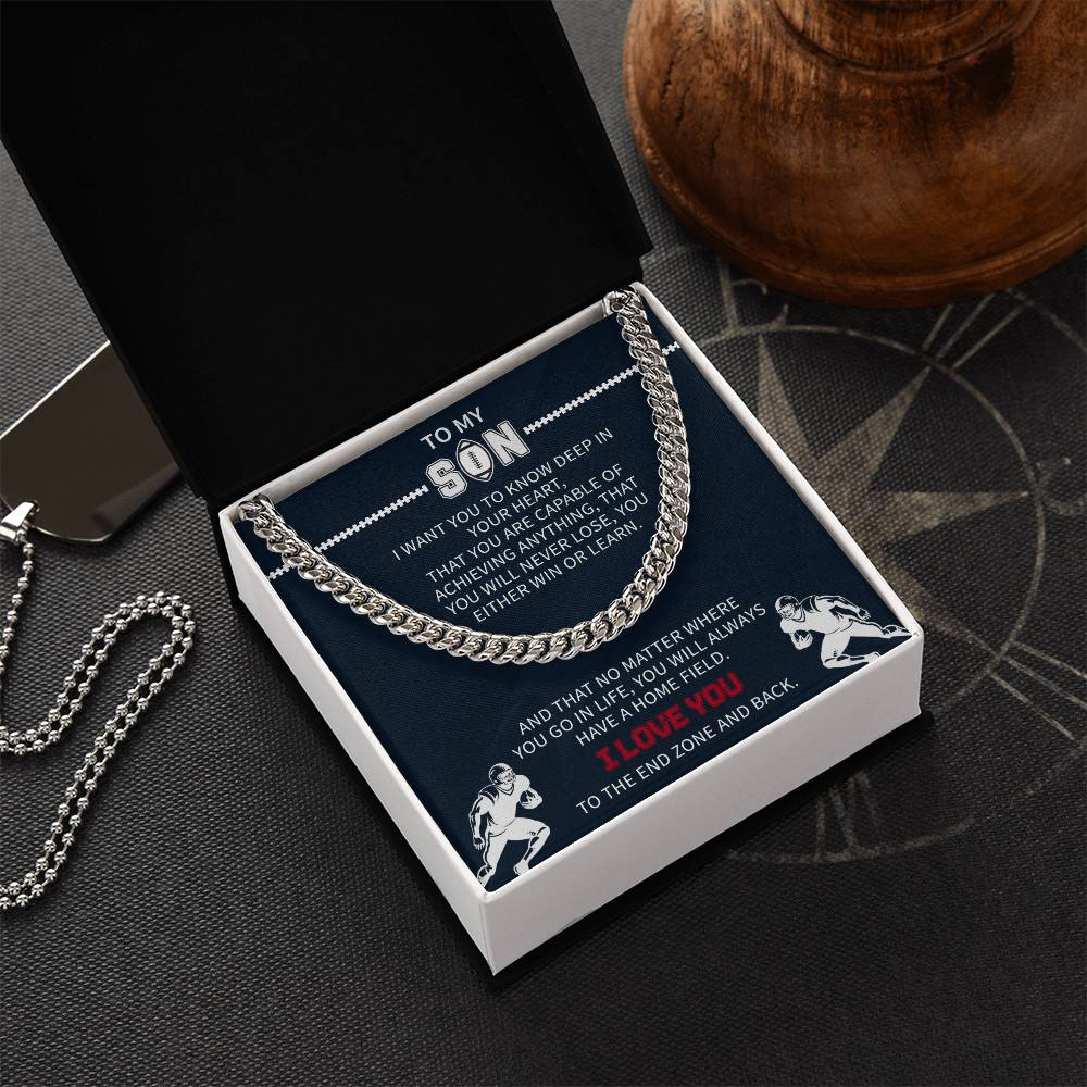 Giftsignature cuban link necklace presented in a gift box for a son who loves football