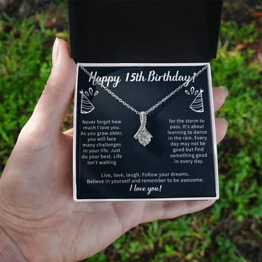 Giftsignature necklace presented in a gift box with message card for a memorable fifteenth birthday