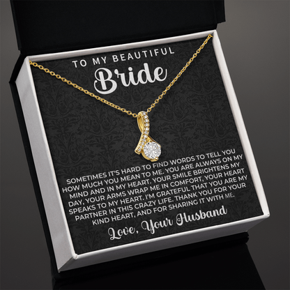 necklace for bride paired with a romantic message from the groom