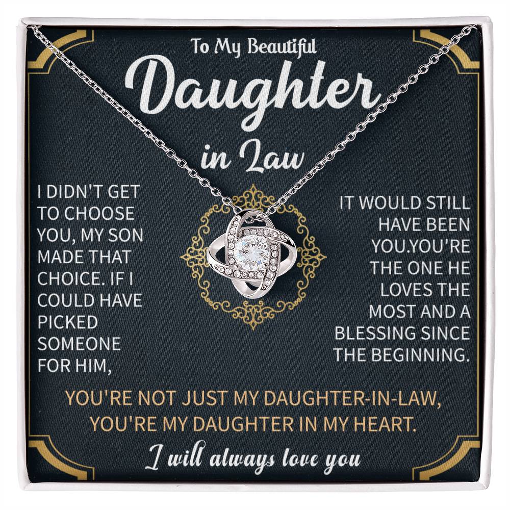 to my beautiful daughter in law love knot necklace displayed as a heartfelt gift