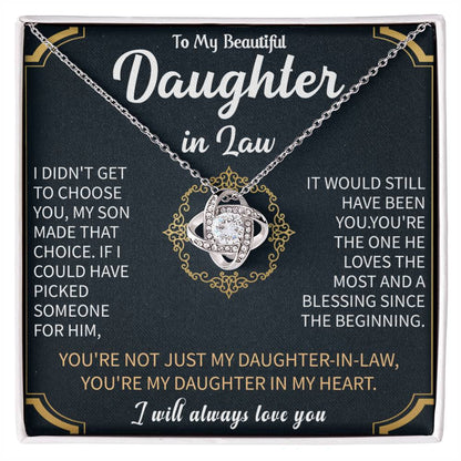 to my beautiful daughter in law love knot necklace displayed as a heartfelt gift