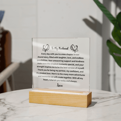 detailed close-up of the engraved acrylic plaque gift for husband
