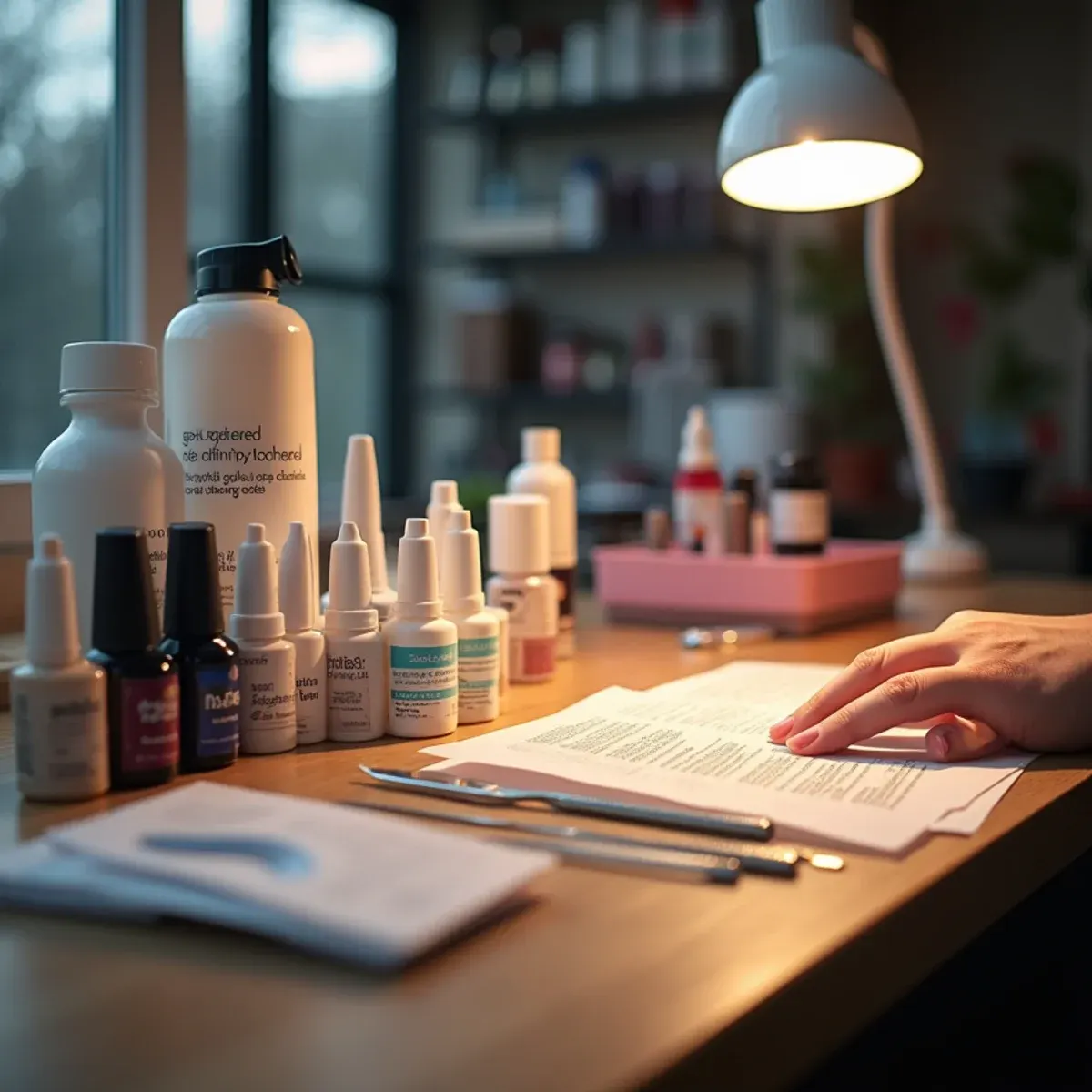 Gel and acrylic nail supplies arranged side by side including polish, powders and brushes