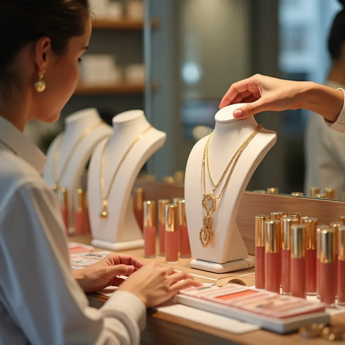Retail display pairing fashion jewelry with cosmetics grouped by metal tone