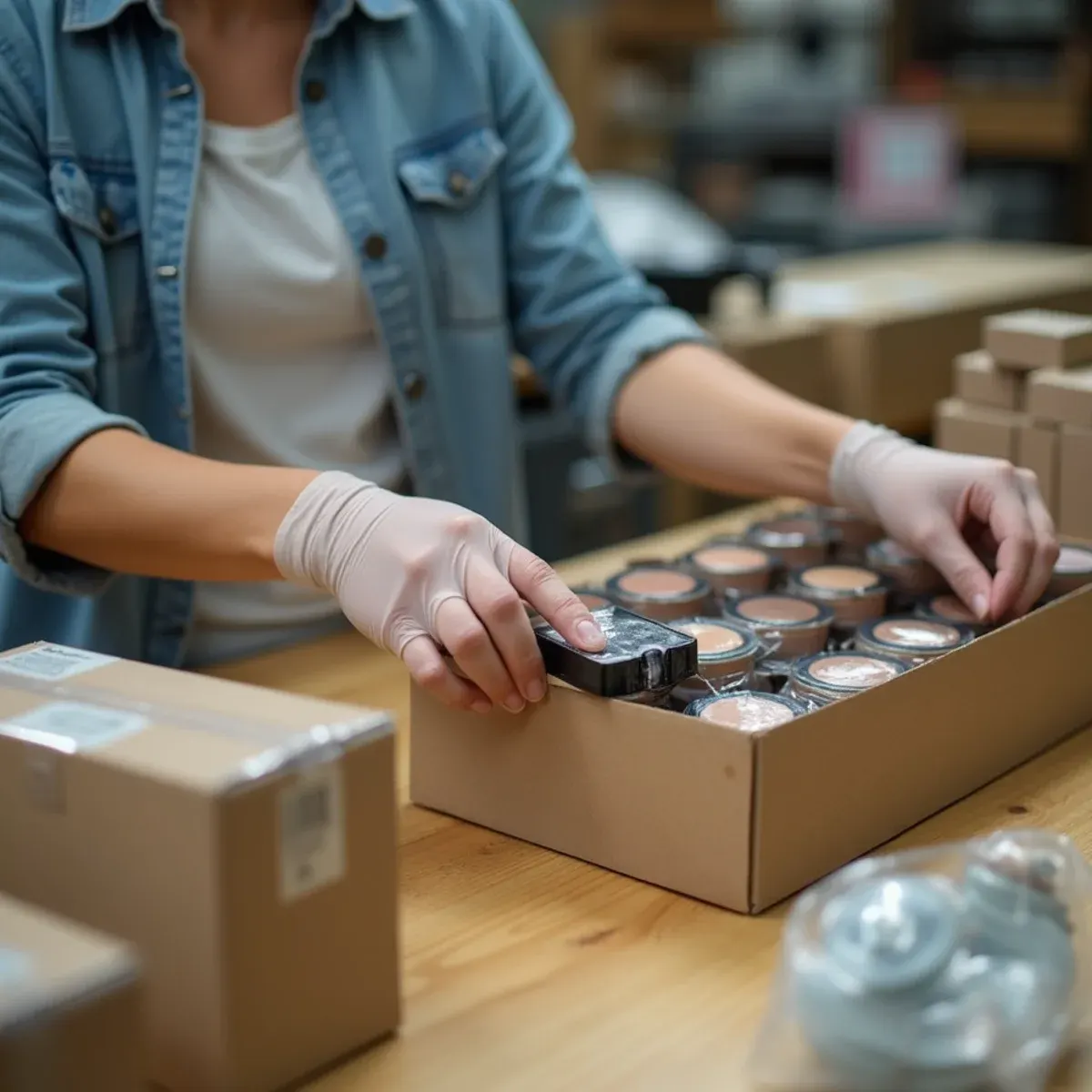 Beauty products being packed for nationwide shipping at a supplier in Warren, Michigan